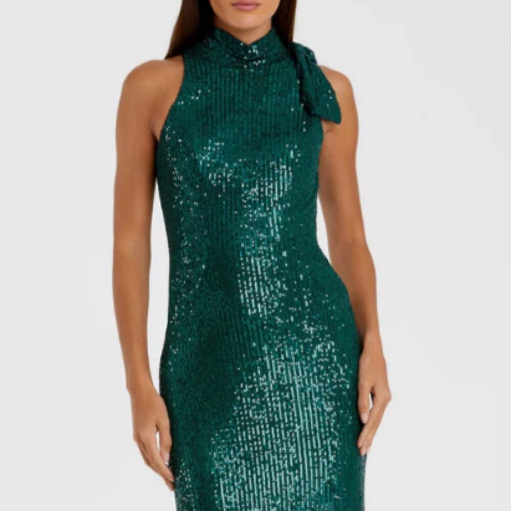 MAC DUGGAL 11280 SEQUINED SOFT TIE HALTER NECK TEAL GOWN sz 10